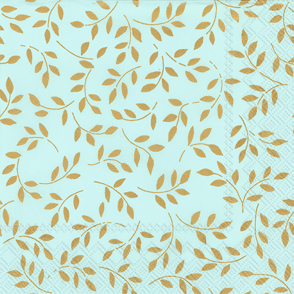 FOLIA Blue Gold Leaves Patterned IHR Paper Lunch Napkins 33 cm sq 3 ply 20 pack