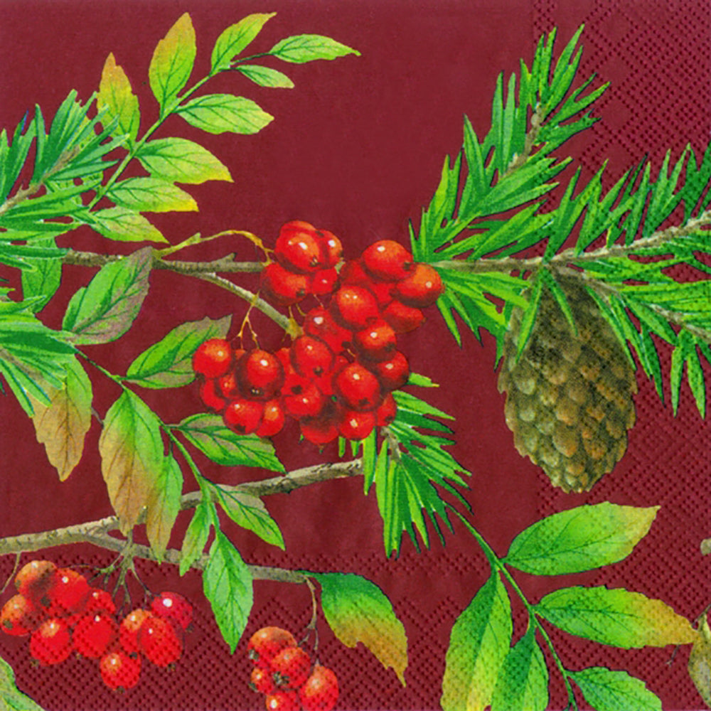 Woodland Fruit Red Berries Fircones IHR Paper Lunch Napkins 33 cm sq 3 ply 20 pack