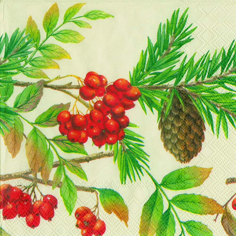 Woodland Fruit Cream Berries Fircones IHR Paper Lunch Napkins 33 cm sq 3 ply 20 pack