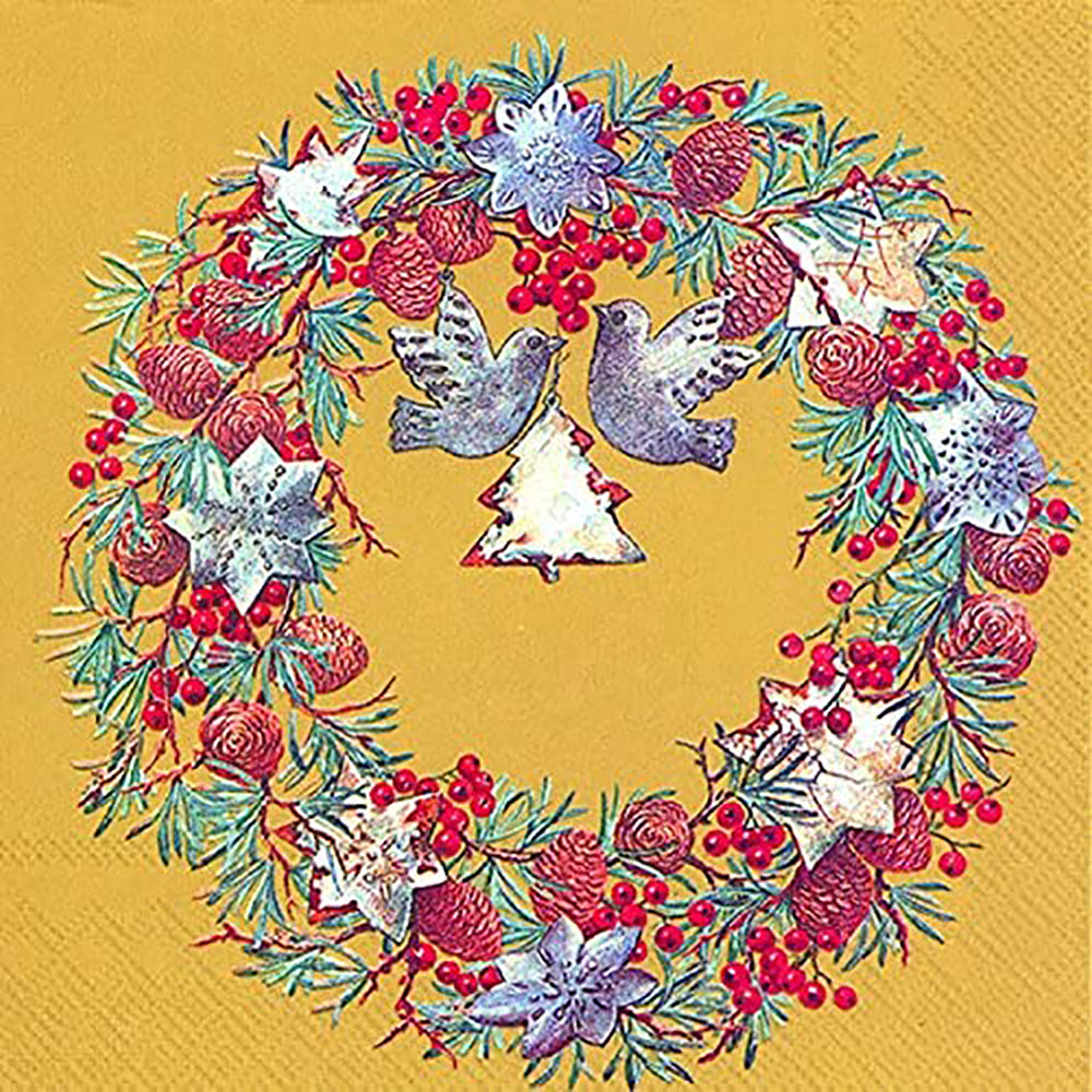 NATURAL WREATH Gold Birds Fircones IHR Paper Lunch Napkins 33 cm sq 3 ply 20 pack