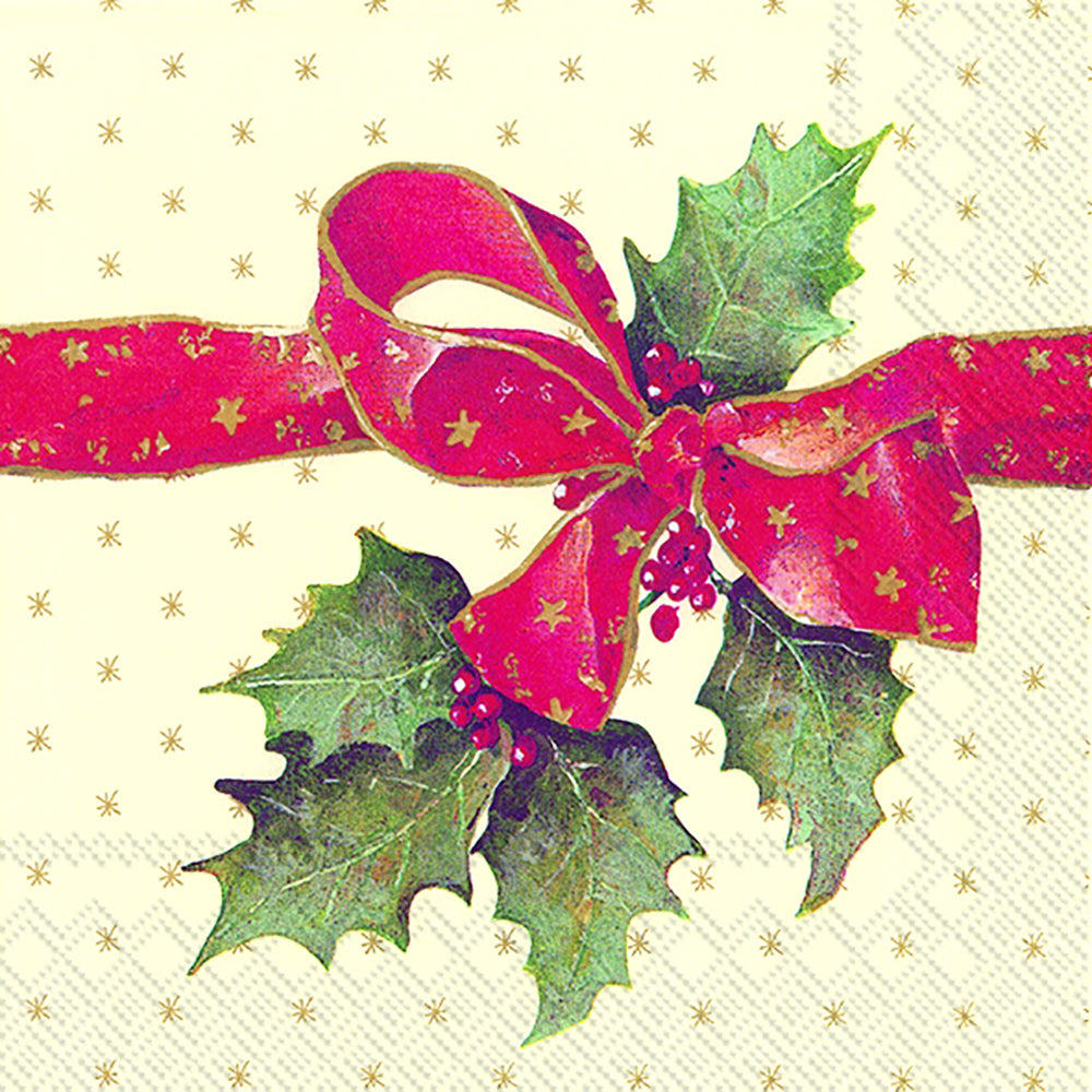 CHRISTMAS BOW Cream Red Holly IHR Paper Lunch Napkins 33 cm sq 3 ply 20 pack