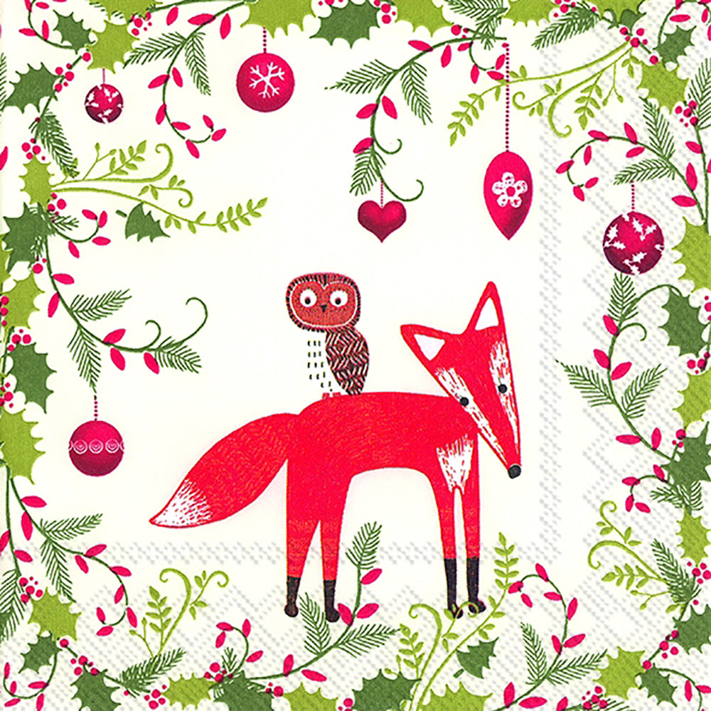X-MAS ANIMALS Cream Fox Owl IHR Paper Lunch Napkins 33 cm sq 3 ply 20 pack