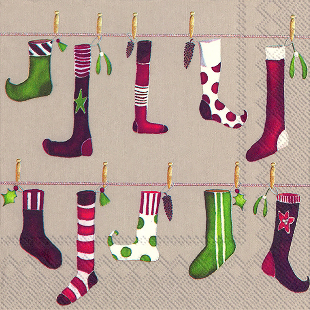 CRAZY CHRISTMAS STOCKING Linen IHR Paper Lunch Napkins 33 cm sq 3 ply 20 pack