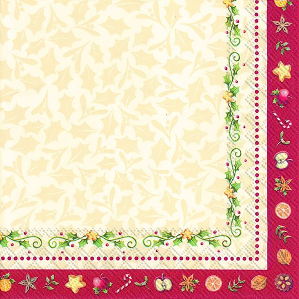 V & B CHRISTMAS BAKERY LEAVES Cream Red IHR Paper Lunch Napkins 33 cm sq 3 ply 20 pack