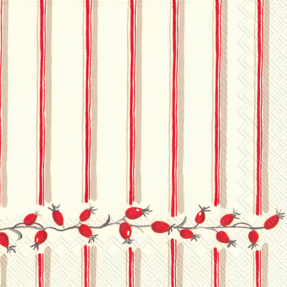 BERRY STRIPE Red Cream IHR Paper Lunch Napkins 33 cm sq 3 ply 20 pack