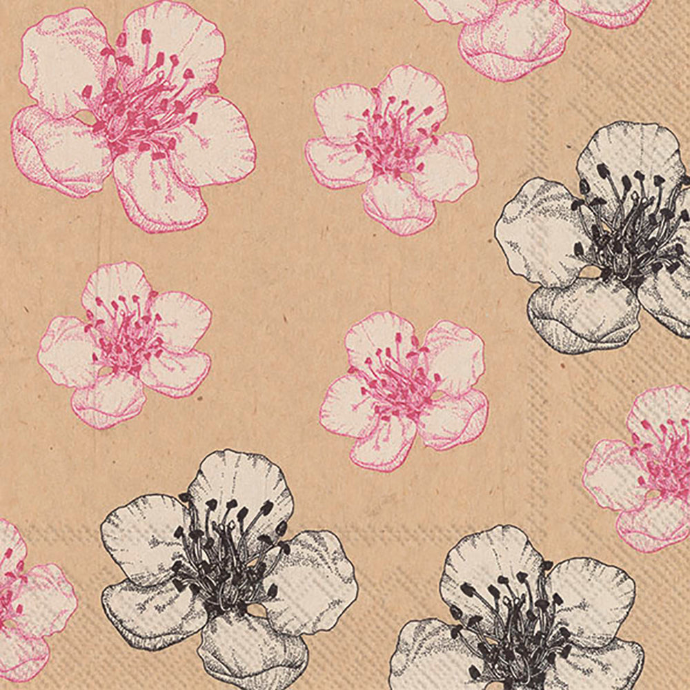 KIM Brown Paper Pink Flowers IHR Paper Lunch Napkins 33 cm sq 3 ply 20 pack
