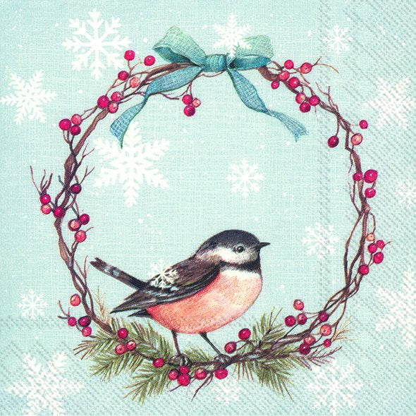 CHICKADEE Light Blue Bird Wreath IHR Paper Lunch Napkins 33 cm sq 3 ply 20 pack