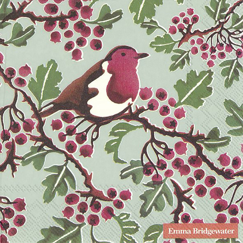 Emma Bridgewater HAWTHORN BERRY Robin Christmas light green IHR Paper Lunch Napkins 33 cm sq 3 ply 20 pack