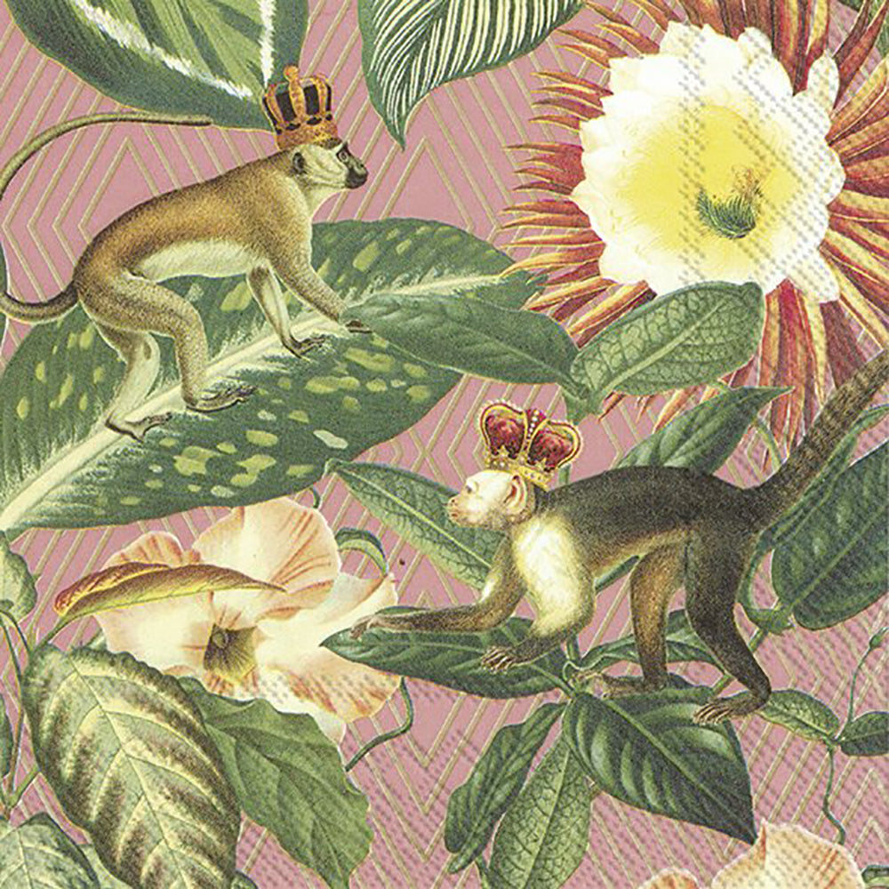 KINGS OF JUNGLE Rose Gold Monkeys Leaves Flowers IHR Paper Lunch Napkins 33 cm sq 3 ply 20 pack
