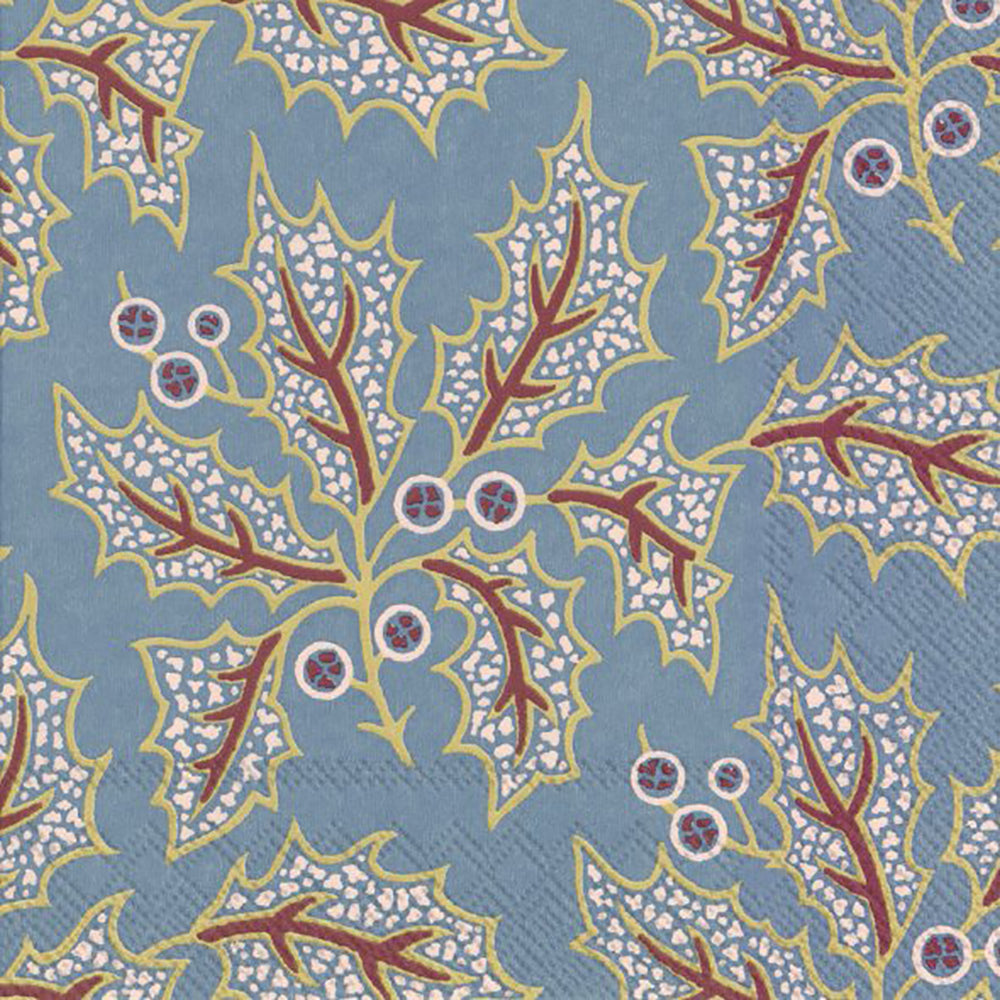 V & A Holly Light Blue Gold IHR Paper Lunch Napkins 33 cm sq 3 ply 20 pack
