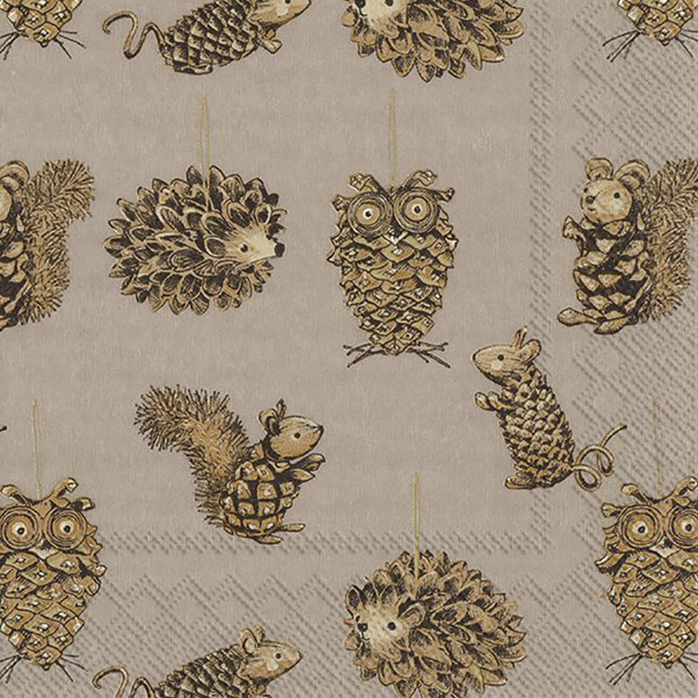 Pinecone Animals Brown Owl Hedgehog Squirrel IHR Paper Lunch Napkins 33 cm sq 3 ply 20 pack