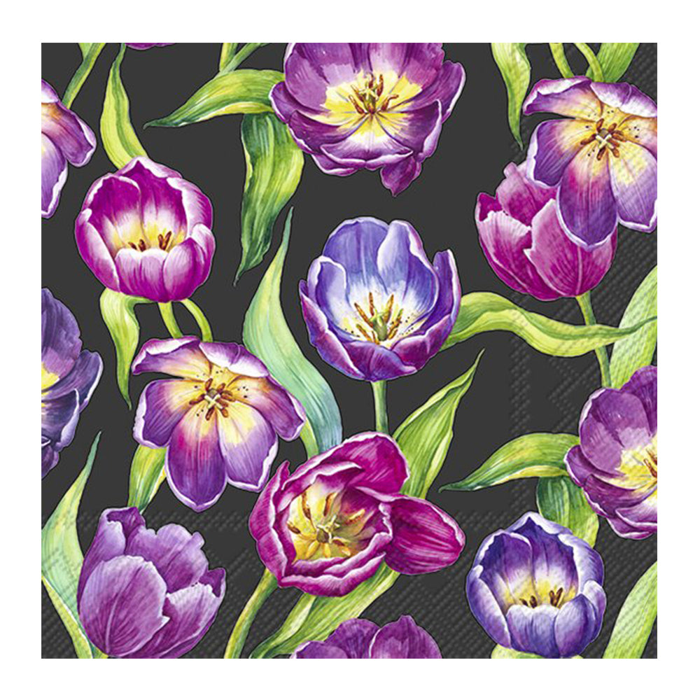Tulip Meadow Black IHR Paper Lunch Napkins 33 cm sq 3 ply 20 pack