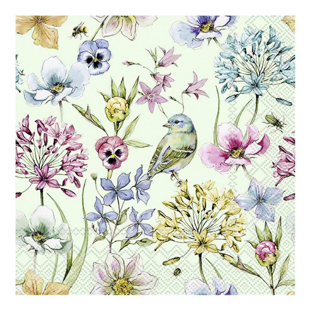 Freya Green Birds and Flowers IHR Paper Lunch Napkins 33 cm sq 3 ply 20 pack