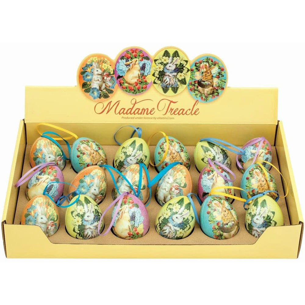 Madame Treacle Rabbit Mini Eggs set of 4 tin Easter Eggs 110 x 67 x 65mm which open and have hanging ribbons