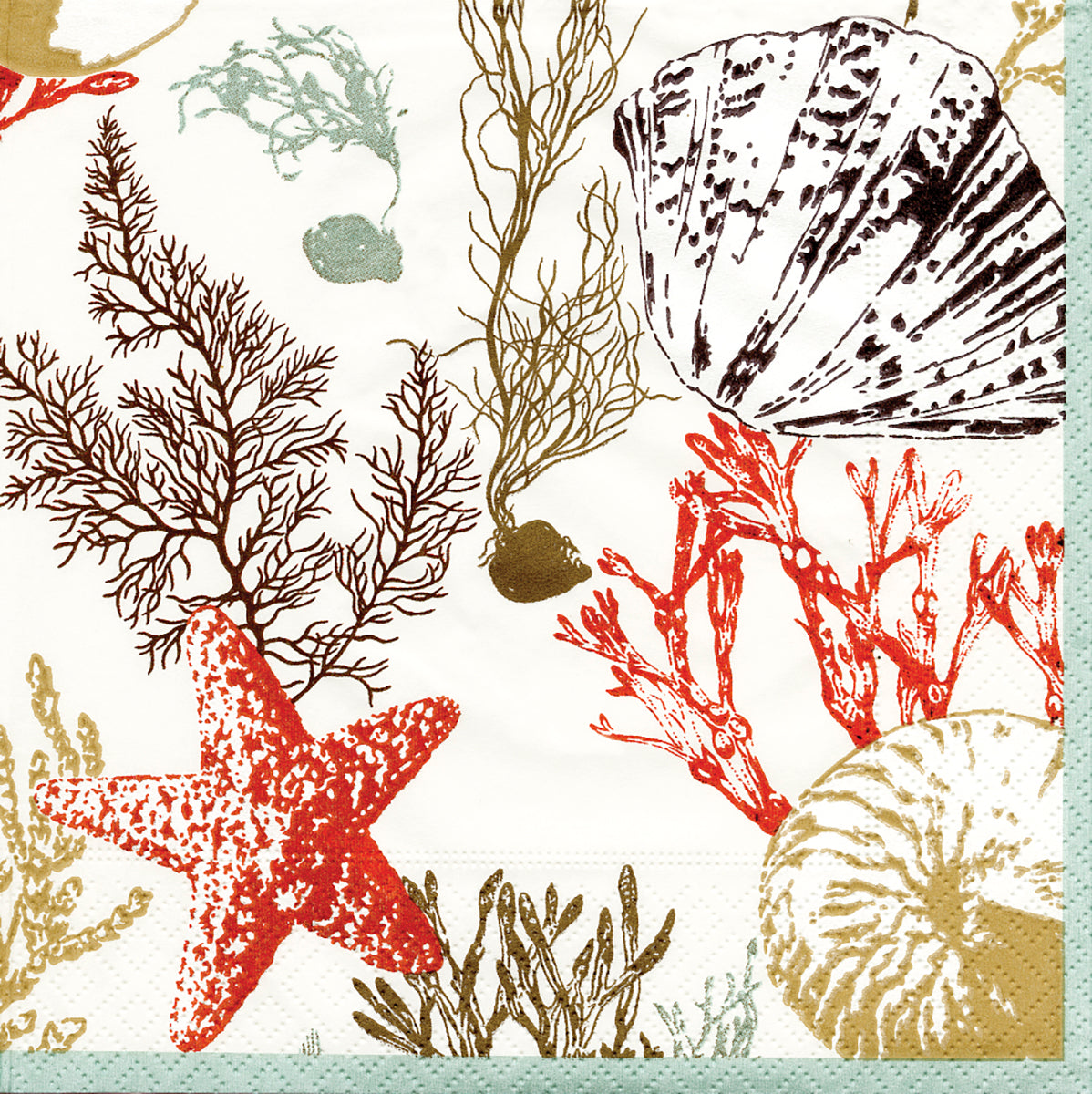 Ivory Marine Study Shells Starfish Caspari Paper Cocktail Napkins 25 cm square 3 ply 20 pack