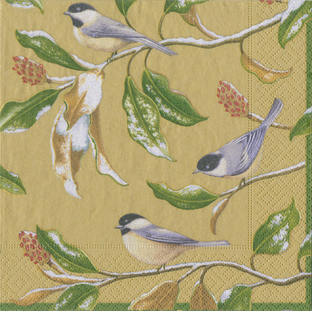 Gold Chickadee & Magnolia Birds Caspari Paper Cocktail Napkins 25 cm square 3 ply 20 pack