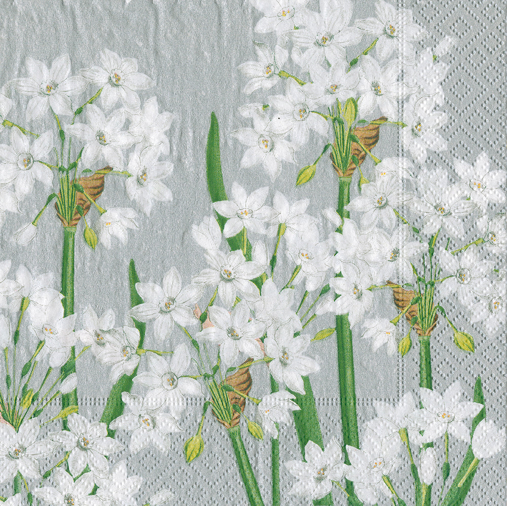 Paperwhites SILVER Narcissi Caspari Paper Cocktail Napkins 25 cm square 3 ply 20 pack