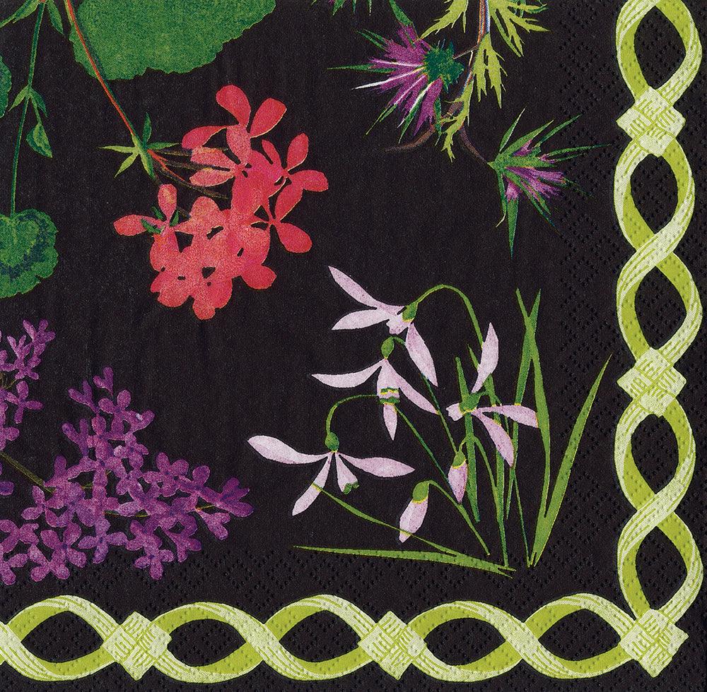 Black Mary Delany Floral Caspari Paper Cocktail Napkins 25 cm square 3 ply 20 pack