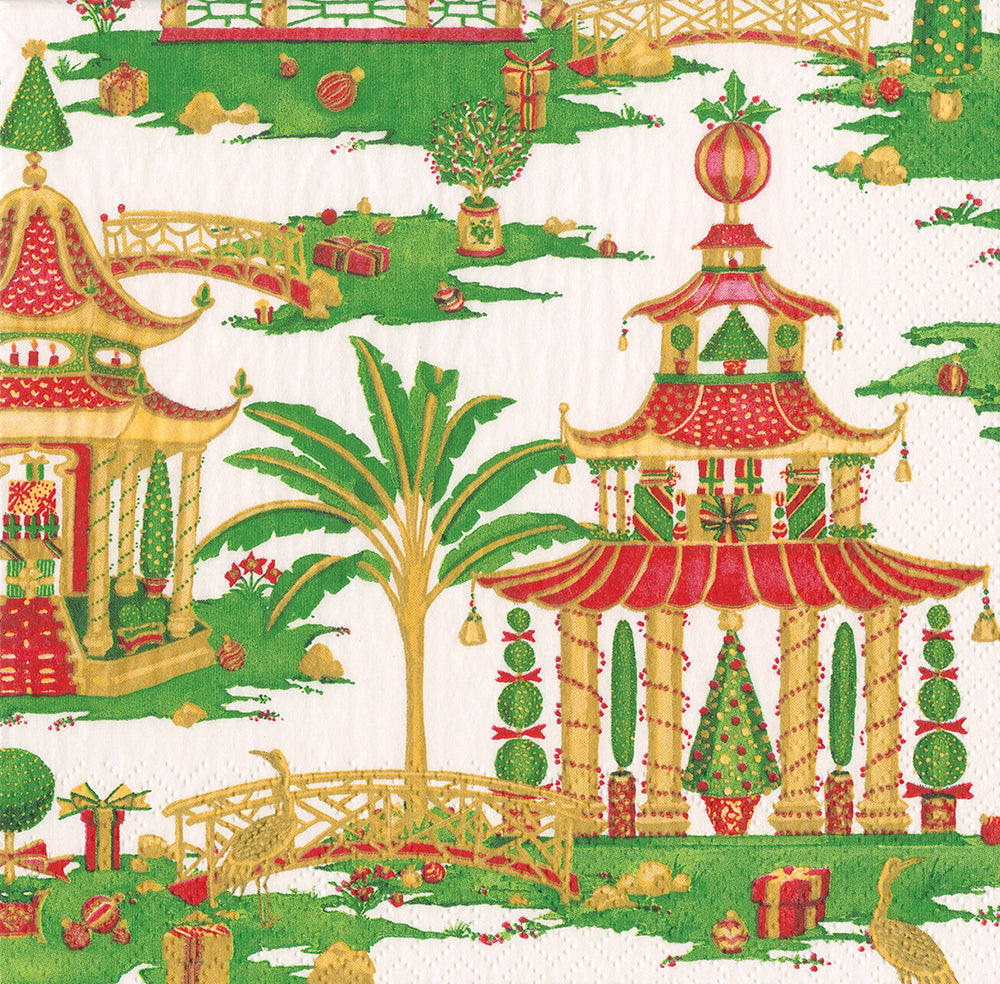 Christmas Pagodas by Katharine Barnwell White Cocktail Caspari Paper Cocktail Napkins 25 cm square 3 ply 20 pack