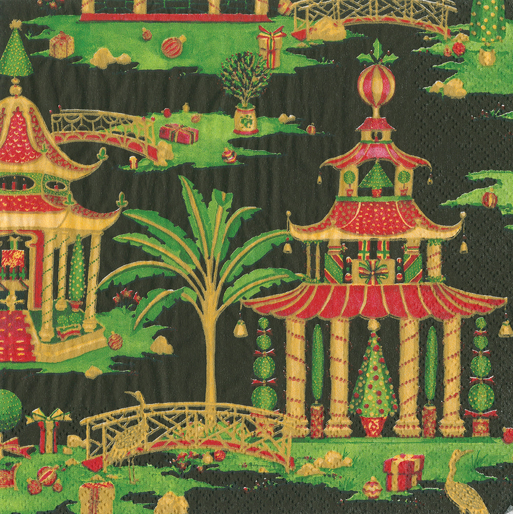 Christmas Pagodas by Katharine Barnwell Black Cocktail Caspari Paper Cocktail Napkins 25 cm square 3 ply 20 pack
