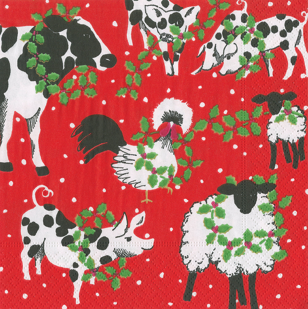 Christmas on the Farm Animals Sheep Cow Pig Hens Cocktail Caspari Paper Cocktail Napkins 25 cm square 3 ply 20 pack