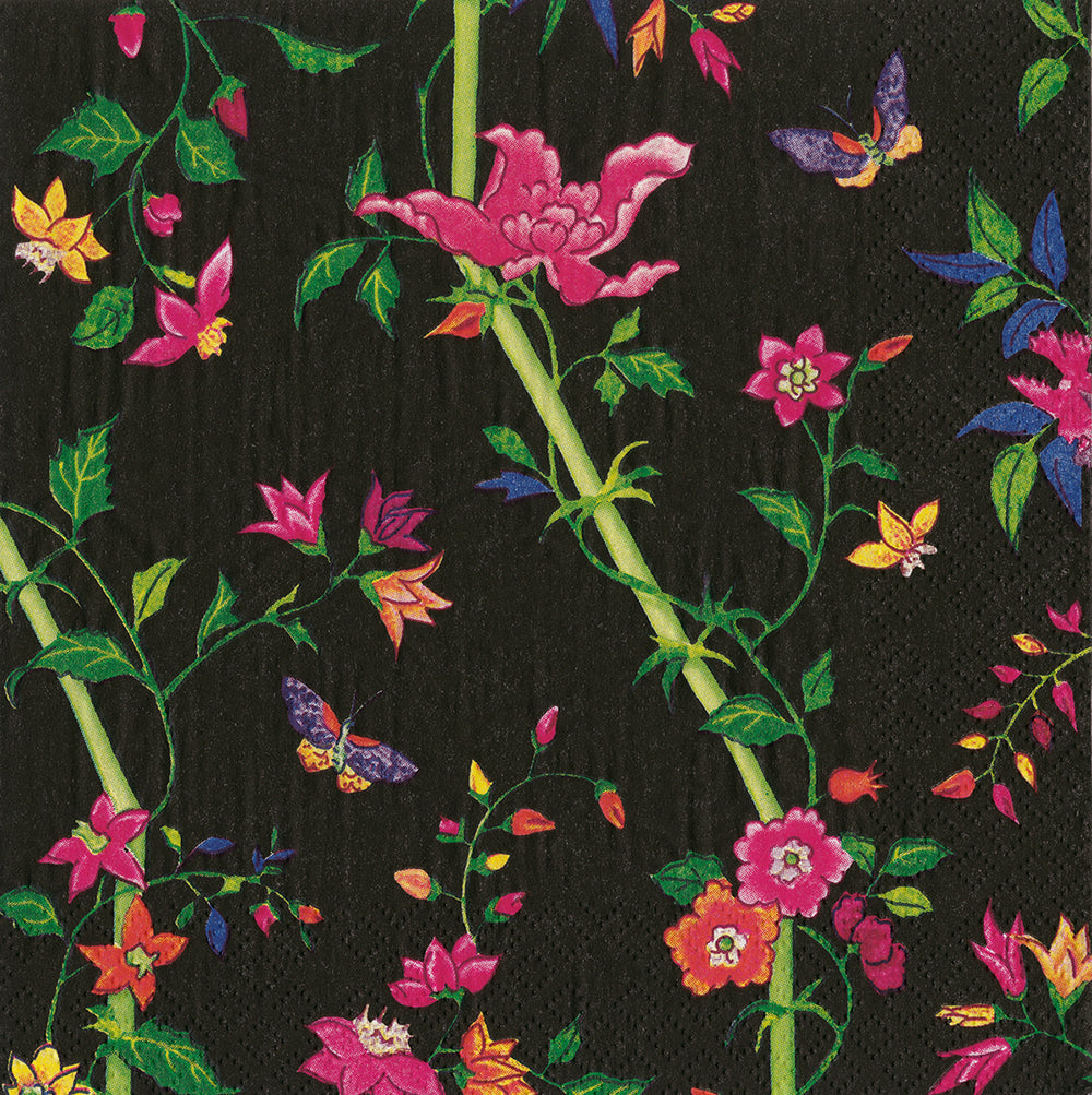 Black Sprigged silk floral Caspari Paper Cocktail Napkins 25 cm square 3 ply 20 pack