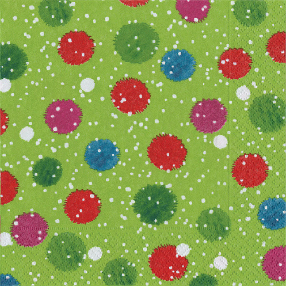 Snowy Pom Poms Green Caspari Paper Lunch Napkins 33 cm sq 3 ply 20 pack
