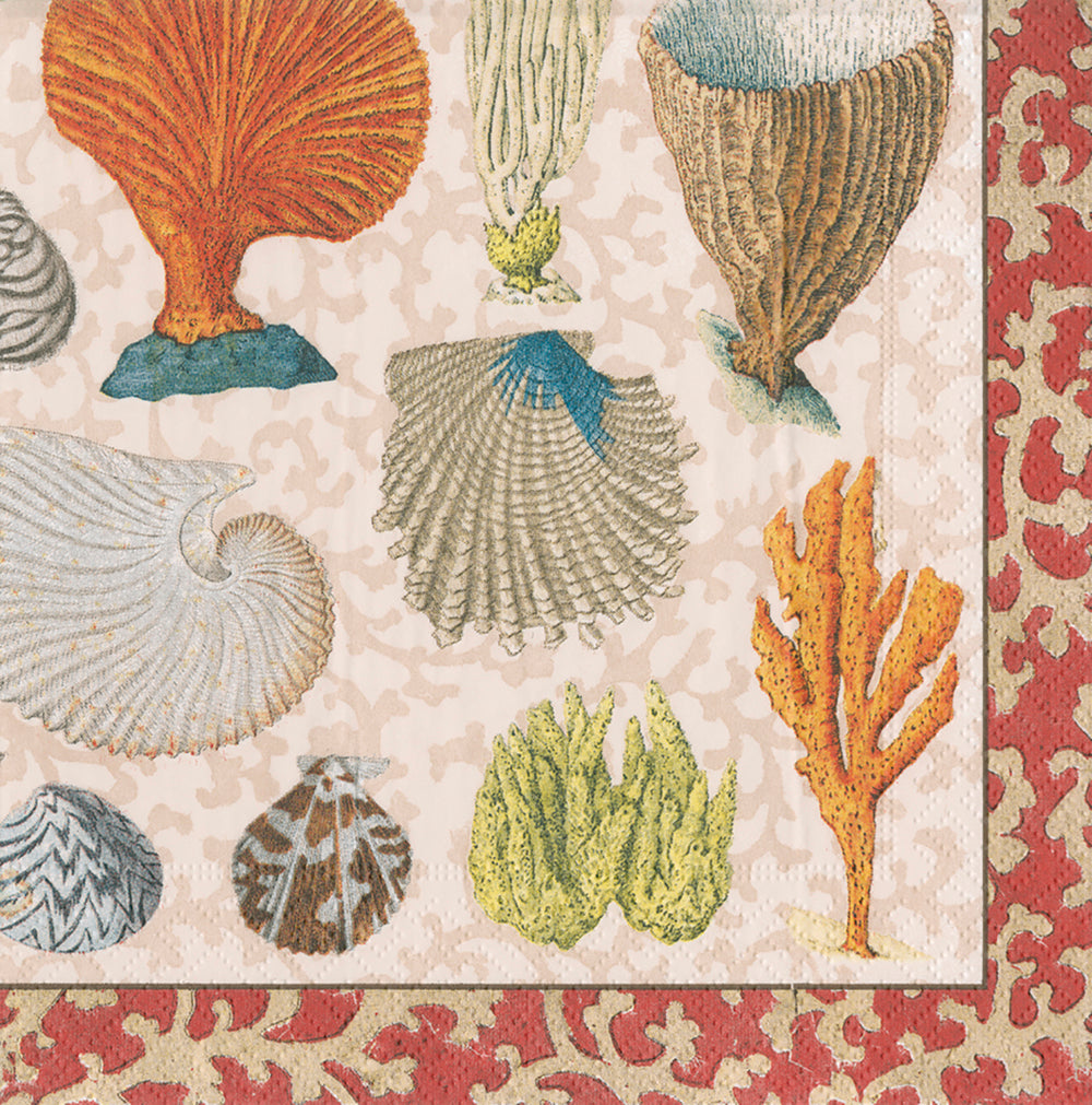 Coastal Curiosities Red Gold Shells Coral Caspari Paper Lunch Napkins 33 cm sq 3 ply 20 pack