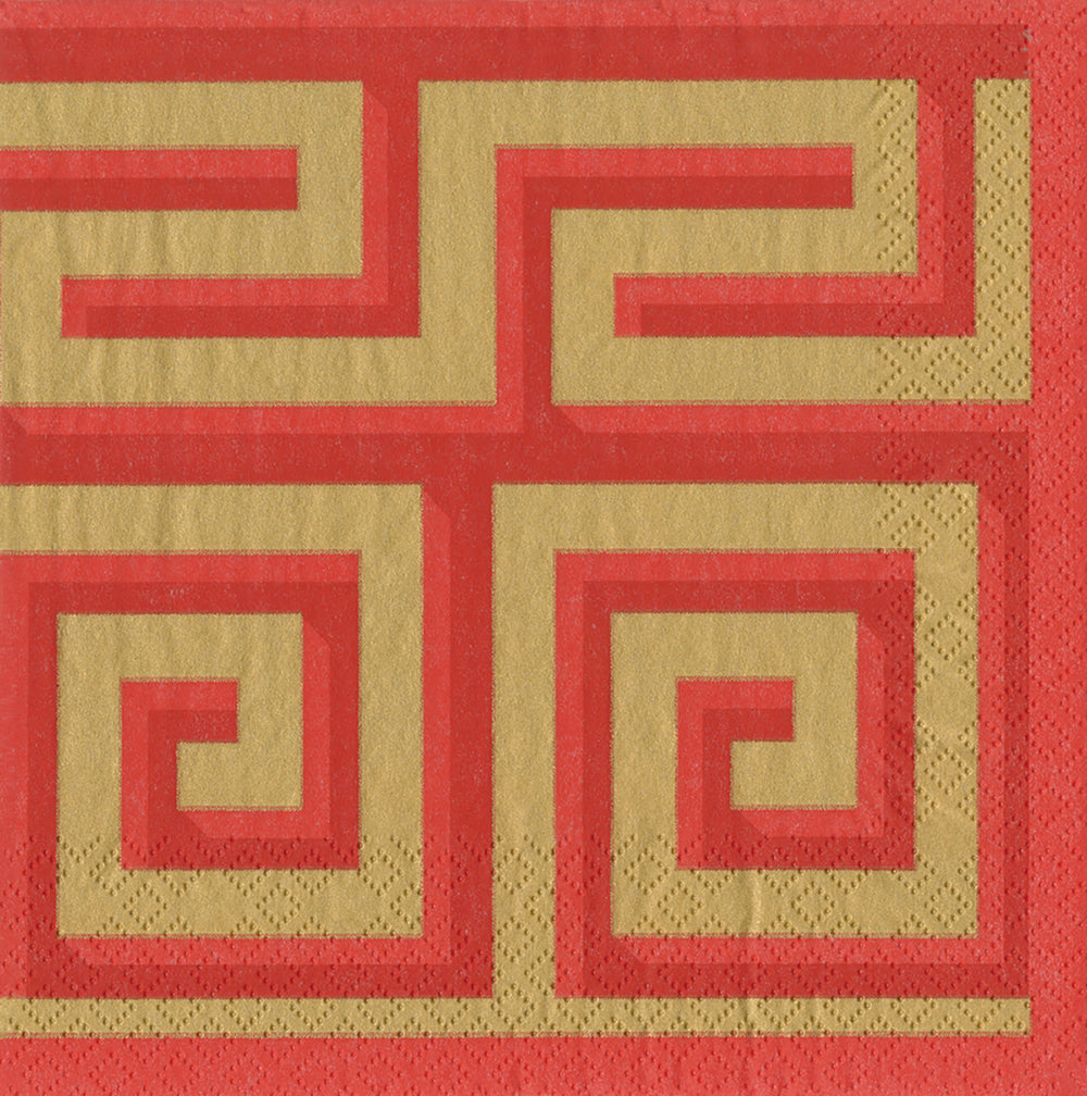 Greek Meander Red Gold Patterned Caspari Paper Lunch Napkins 33 cm sq 3 ply 20 pack