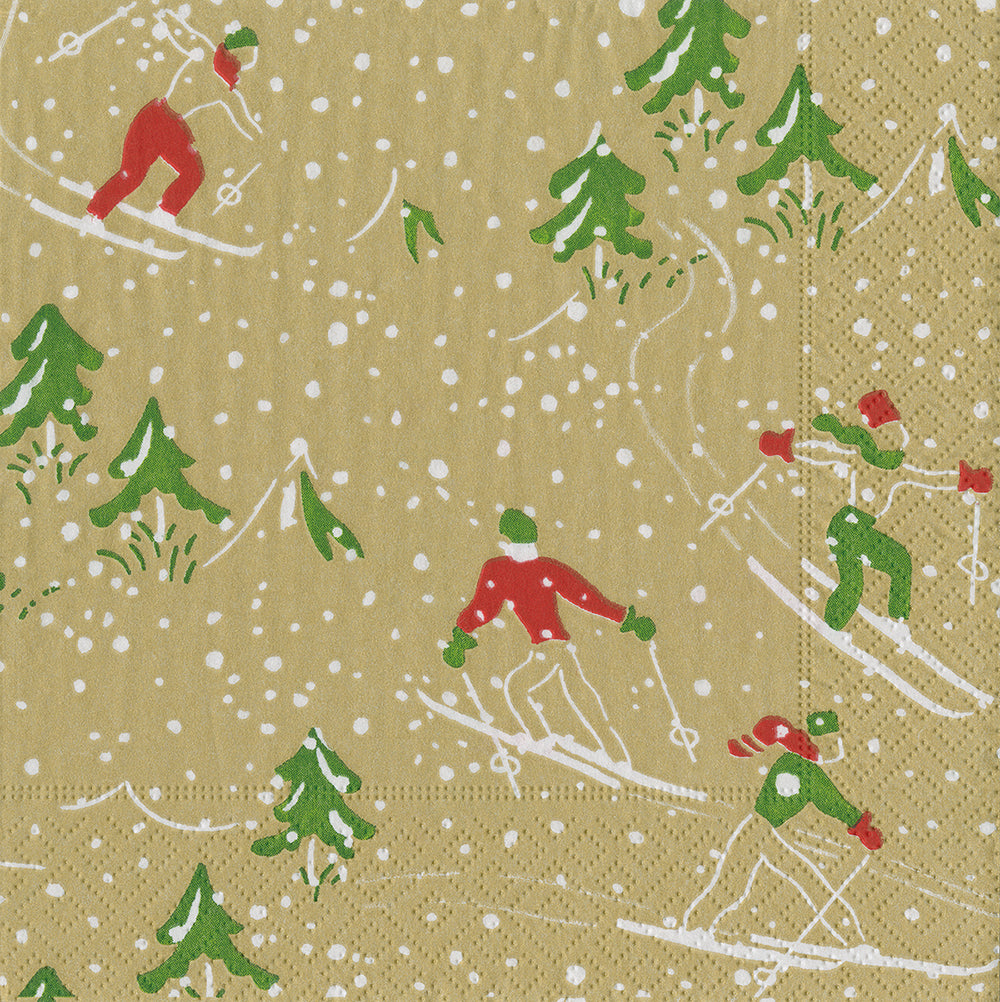 Winter Sport Gold Skiing Caspari Paper Lunch Napkins 33 cm sq 3 ply 20 pack