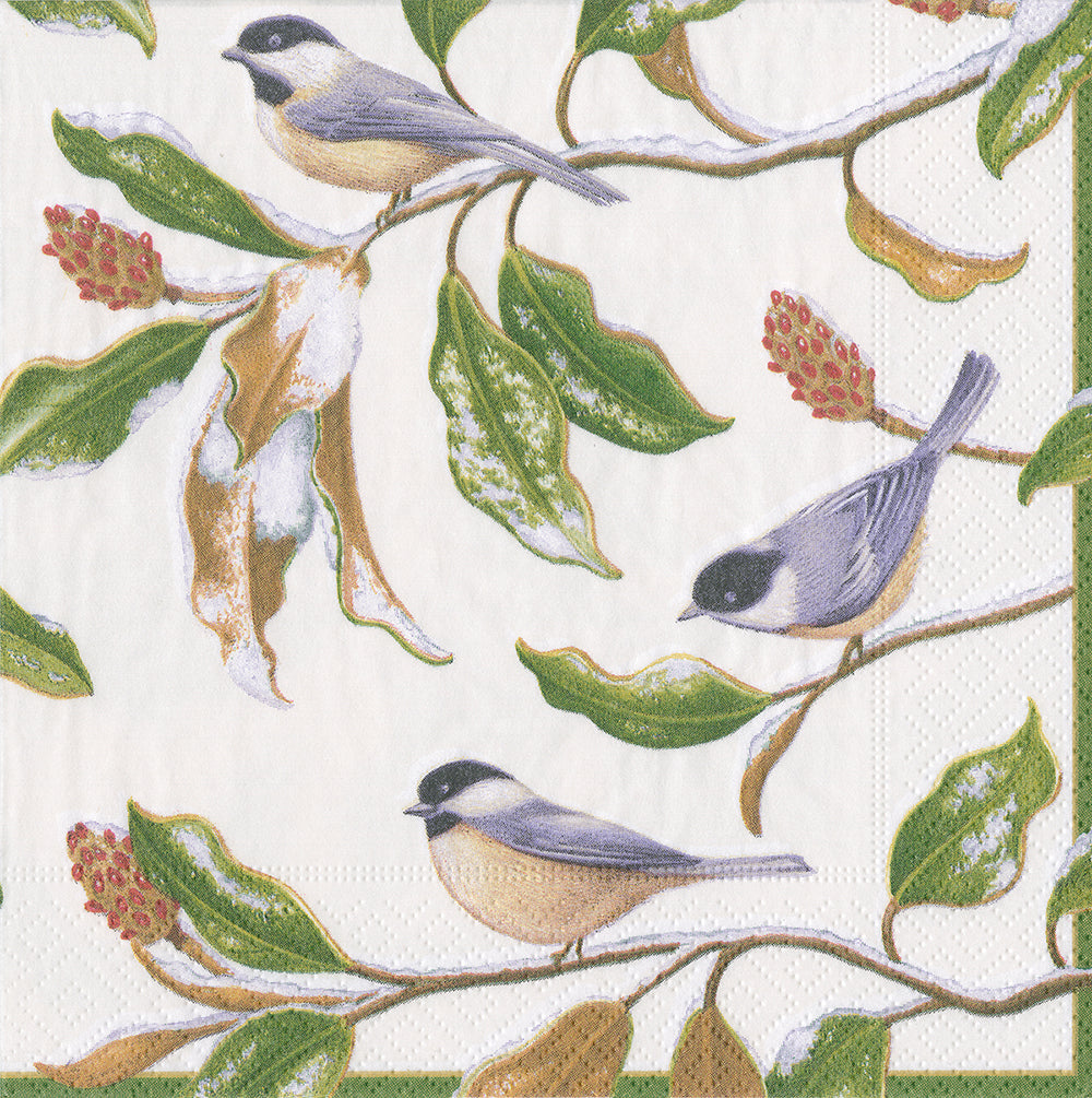 Chickadee and Magnolia White Birds Caspari Paper Lunch Napkins 33 cm sq 3 ply 20 pack