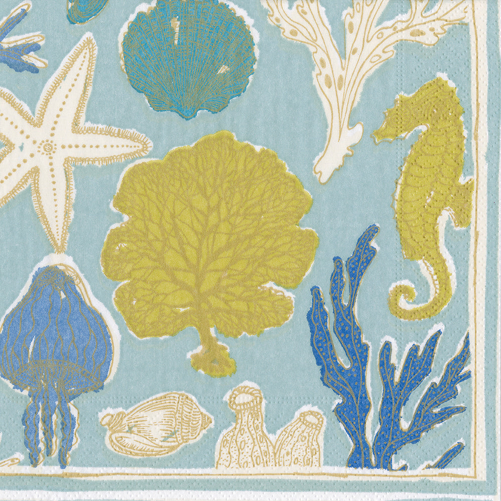 Aqua Sealife Blue White Coral Caspari Paper Lunch Napkins 33 cm sq 3 ply 20 pack