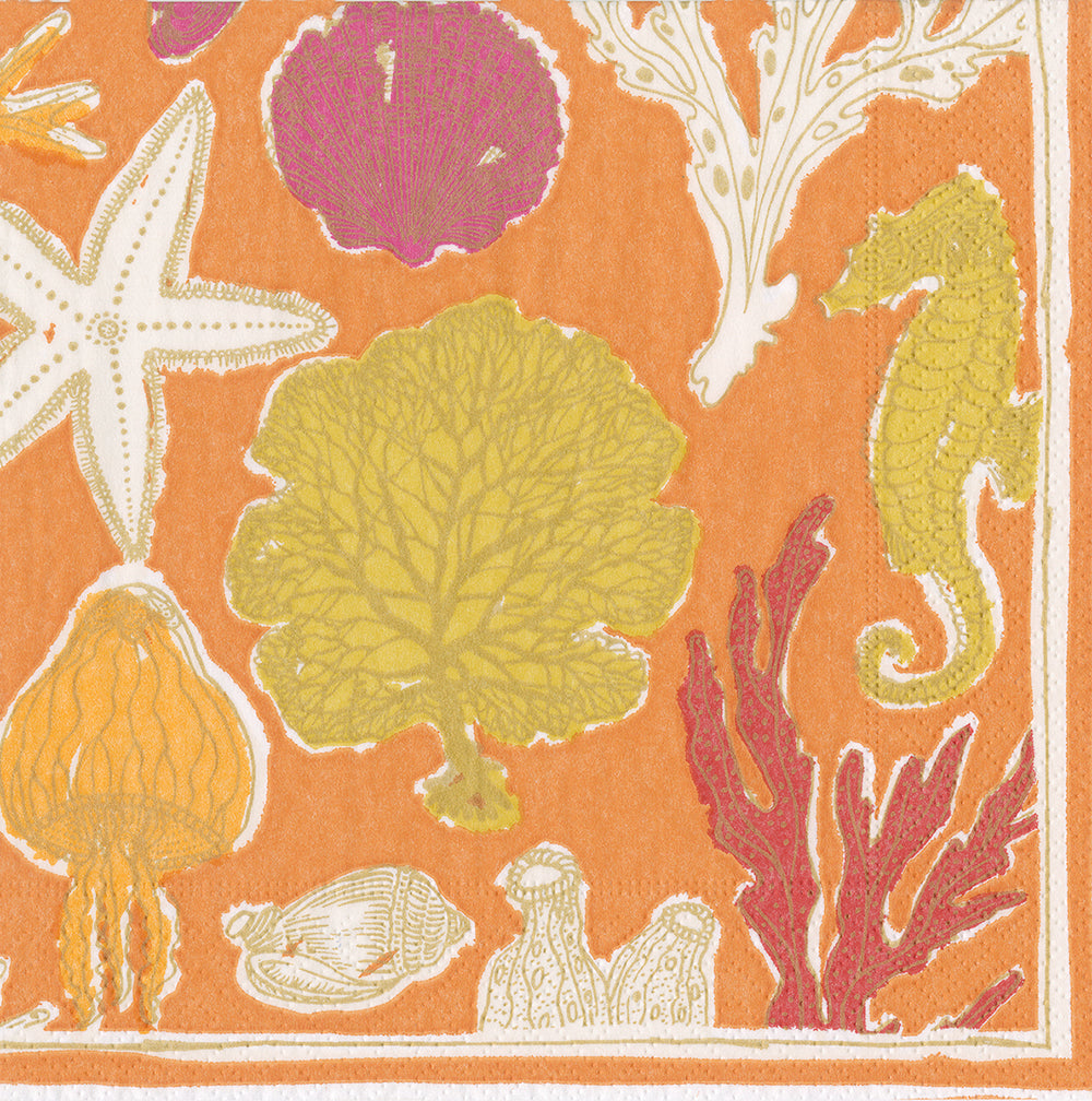 Coral Sealife Orange Caspari Paper Lunch Napkins 33 cm sq 3 ply 20 pack