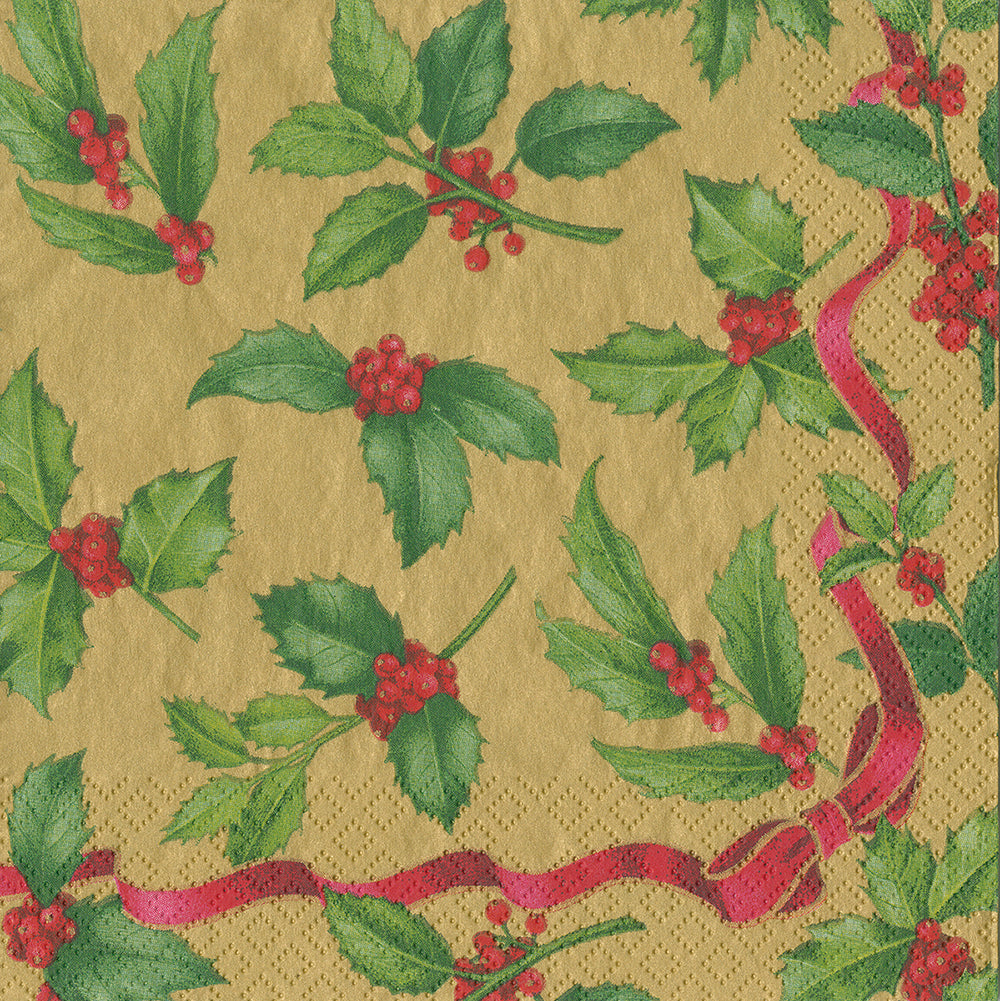 Holly Toss by Karen Kluglein Gold Caspari Paper Lunch Napkins 33 cm sq 3 ply 20 pack