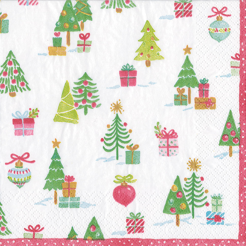 Painted Trees and Gifts White Red Caspari Paper Lunch Napkins 33 cm sq 3 ply 20 pack