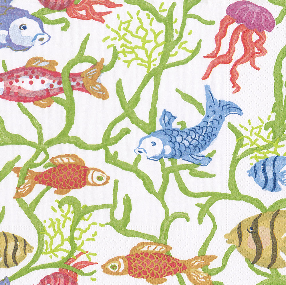 White Tropical Reef Fish Caspari Paper Lunch Napkins 33 cm sq 3 ply 20 pack