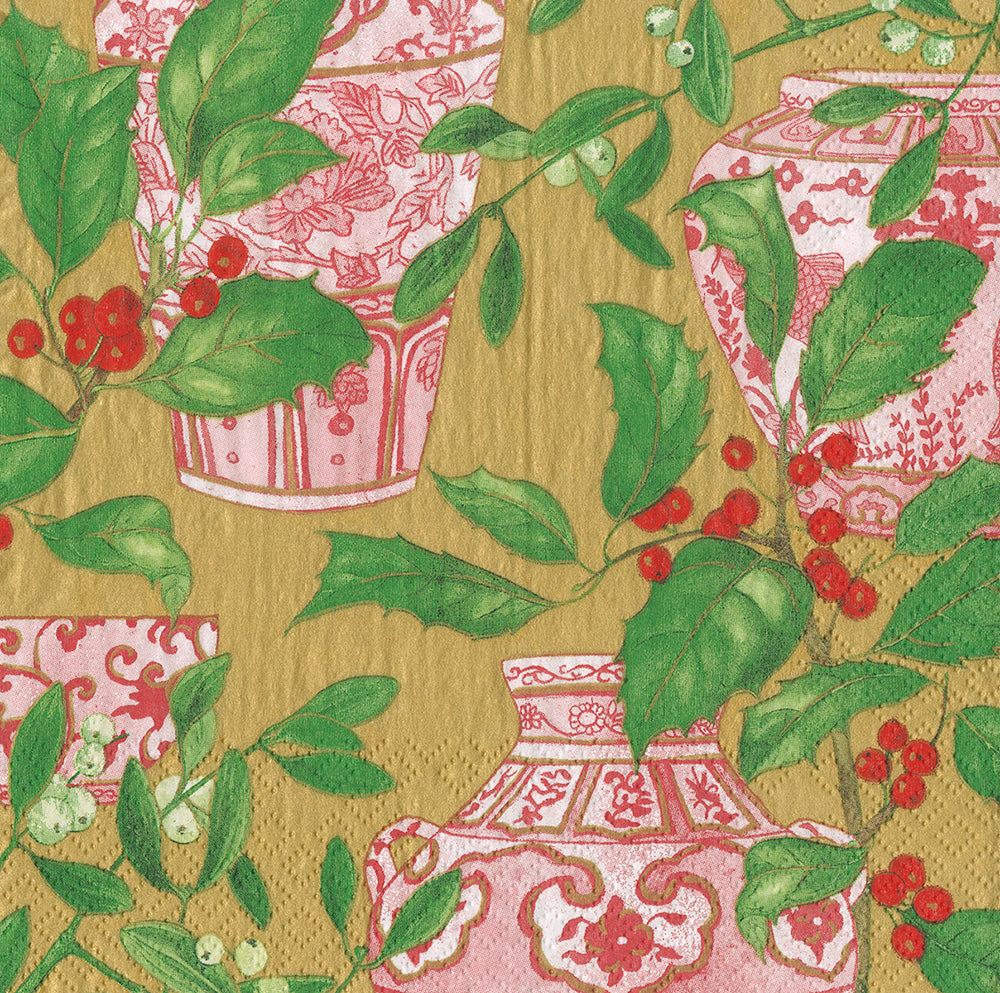 Holly and Porcelain Gold Red Caspari Paper Lunch Napkins 33 cm sq 3 ply 20 pack