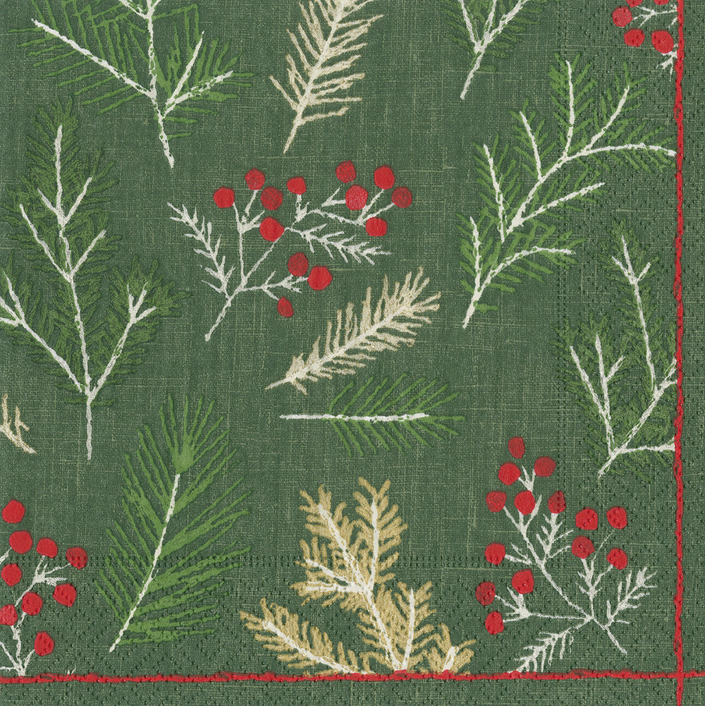 Sprigs and Berries Evergreen Caspari Paper Lunch Napkins 33 cm sq 3 ply 20 pack