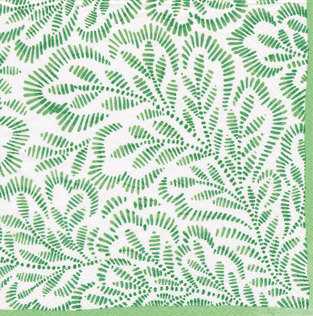 Green Block Print Leaves Caspari Paper Lunch Napkins 33 cm sq 3 ply 20 pack