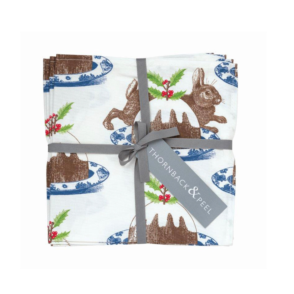 Thornback & Peel Rabbit & Pudding Christmas Set of 4 Napkins 450 x 450mm. Cotton