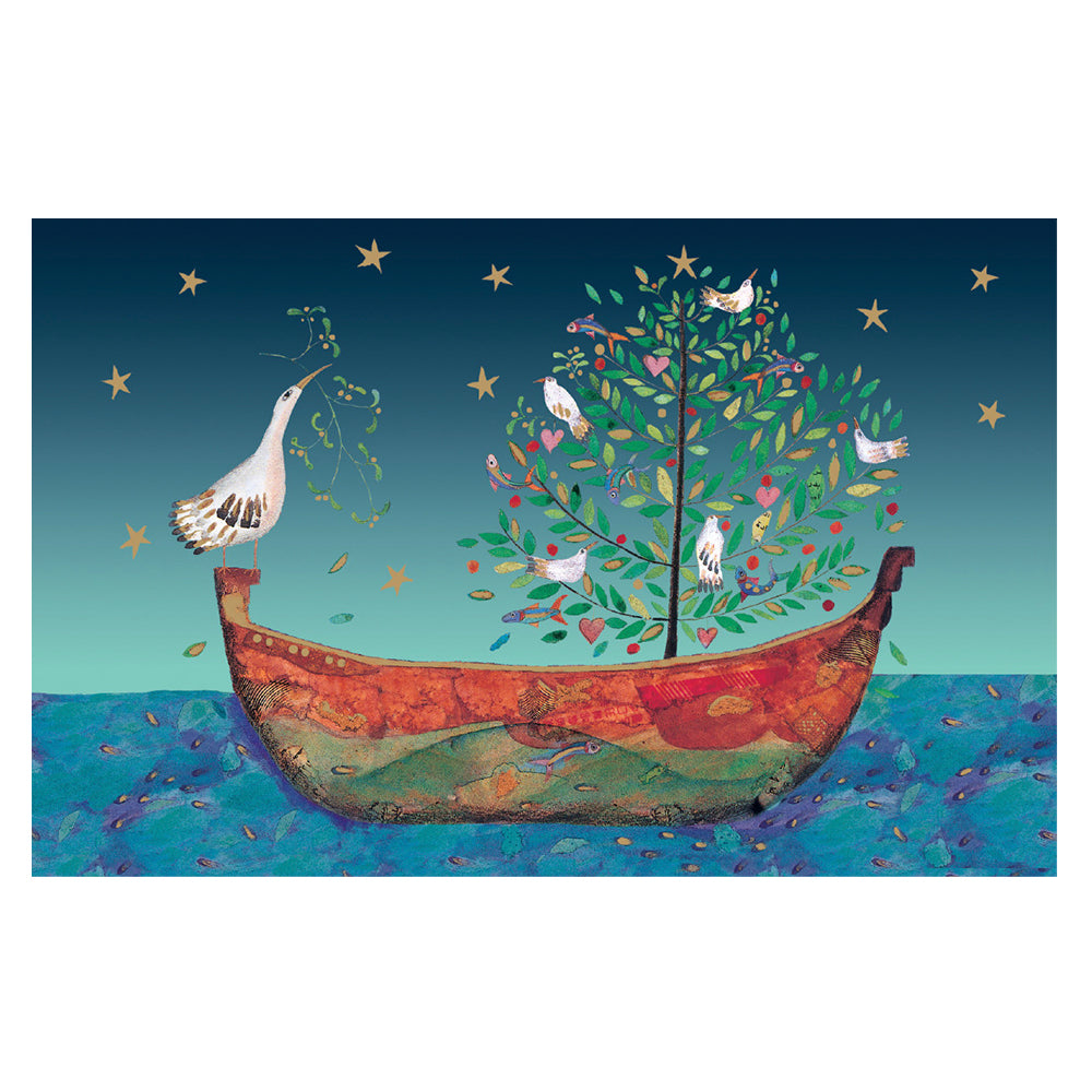 Three Birds on a Boat Gold Foil Petite Christmas 8 Cards 150 x 90 mm Roger la Borde