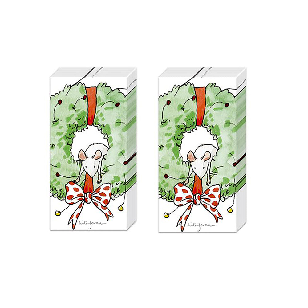 Mouse in Wreath Christmas IHR Paper Pocket Tissues - 2 packs of 10 tissues 21 cm square