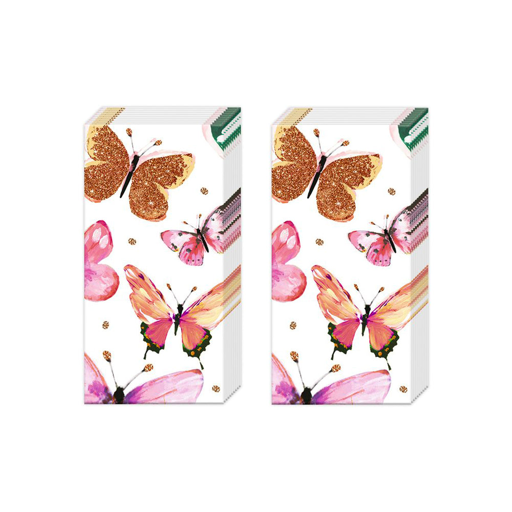 NATHALIE Pink Butterflies IHR Paper Pocket Tissues - 2 packs of 10 tissues 21 cm square