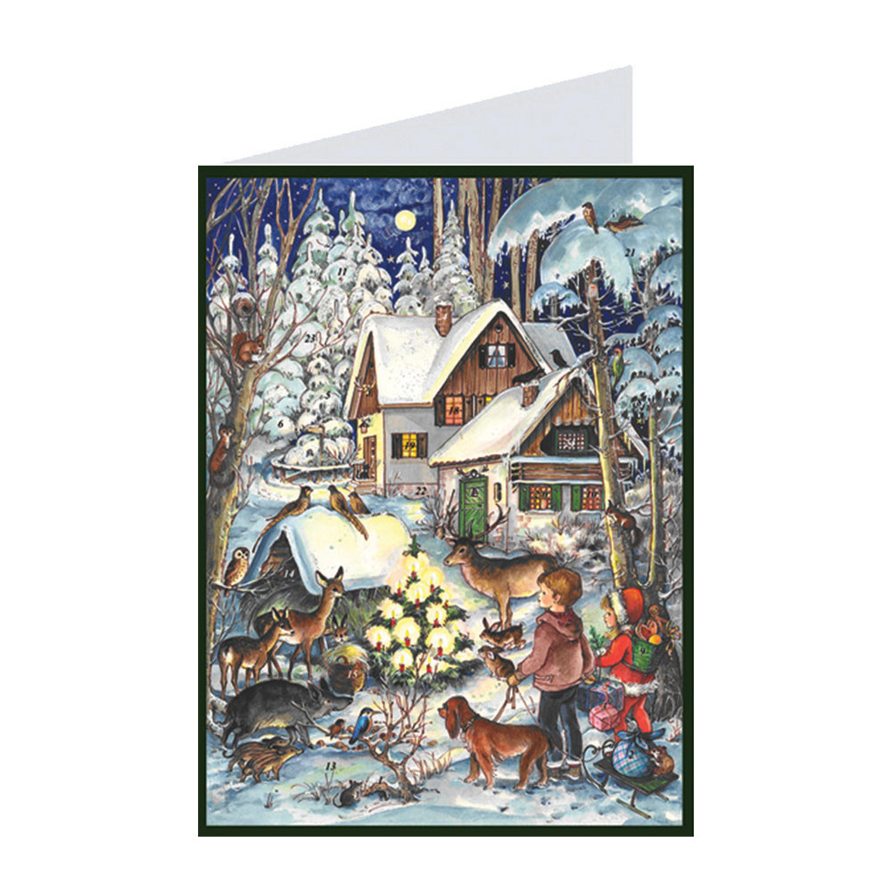Village Snowscene and Animals German Advent Card with 24 little doors 105 x 155 mm - Richard Sellmer