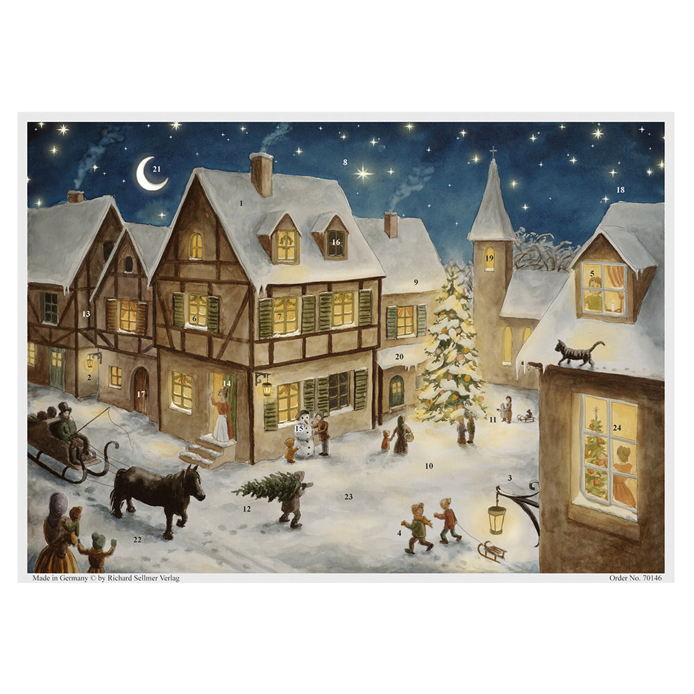 Richard Sellmer Verlag Snowy Town and Horse German Advent Calendar 265 x 355 mm with envelope and glitter