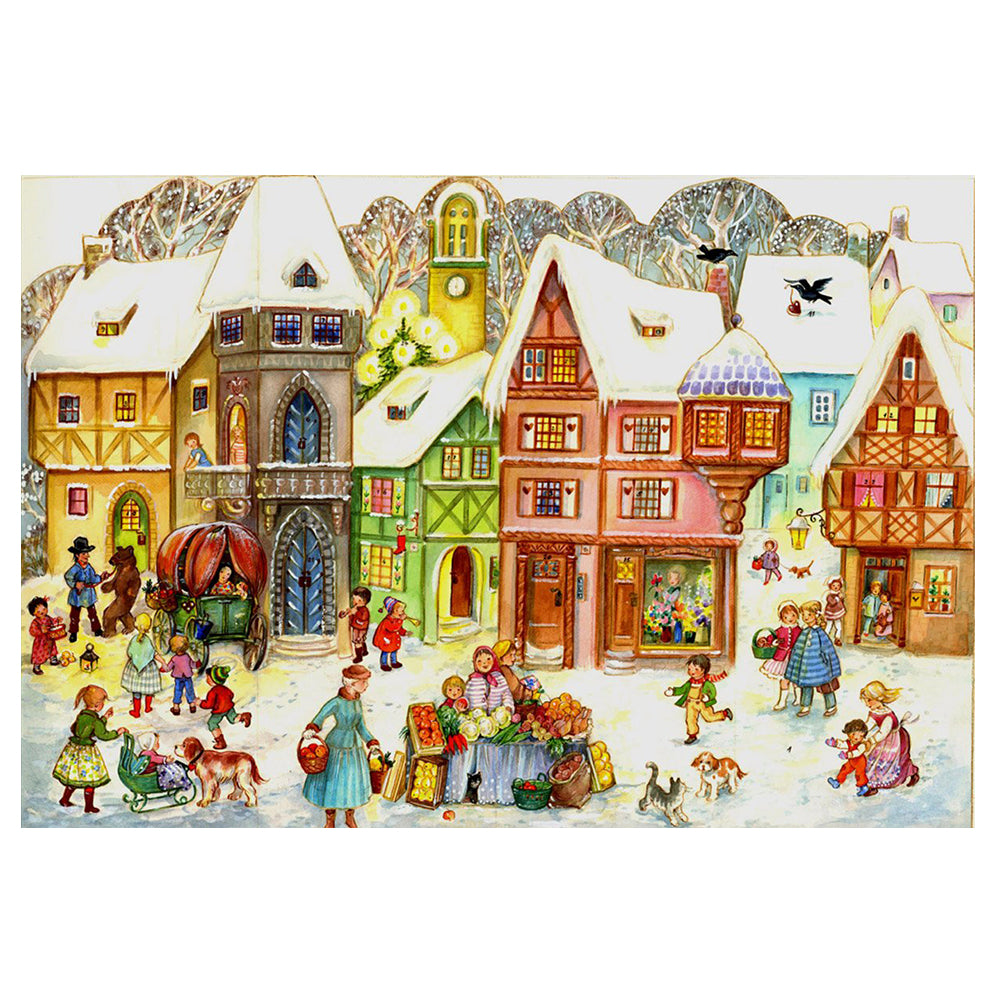Richard Sellmer Verlag Snowscene Colourful Village in the Snow German Advent Calendar 265 x 355 mm with envelope and glitter