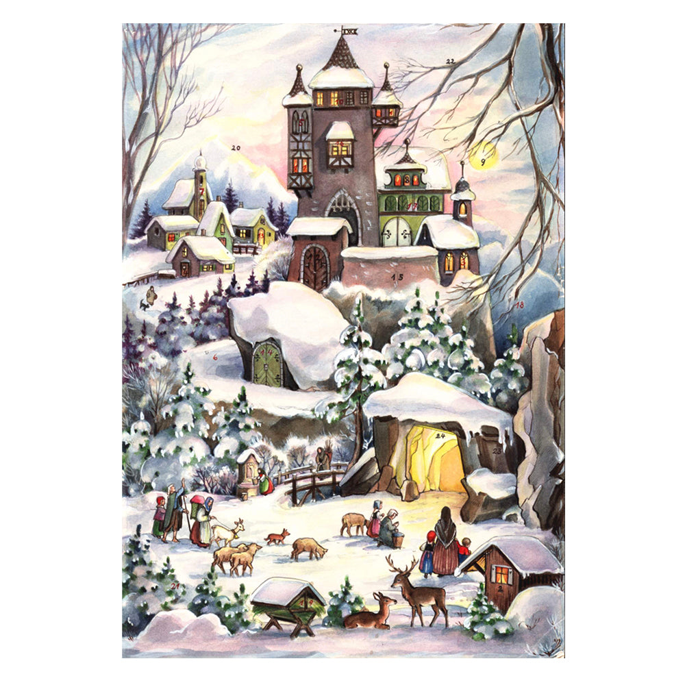 Richard Sellmer Verlag Snowscene House Tower on Hill with Animals German A4 Advent Calendar 210 x 297 mm with envelope and glitter