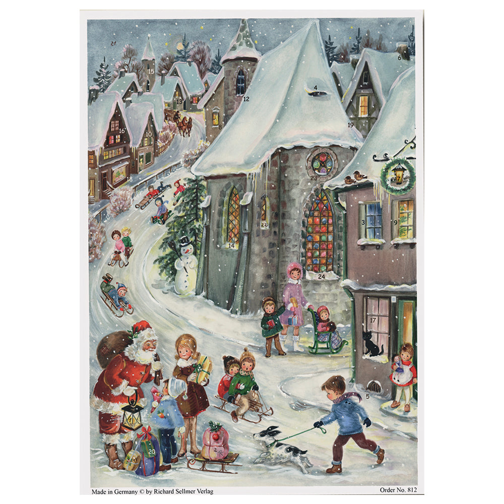 Richard Sellmer Verlag Snowscene Church and Sledging Advent Calendar Advent Calendar German A4 Advent Calendar 210 x 297 mm with envelope and glitter