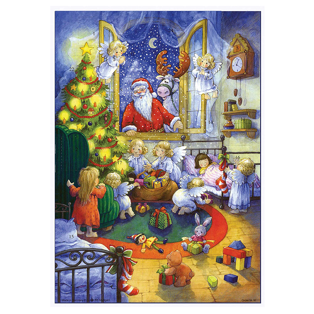 Richard Sellmer Verlag Snowscene Father Christmas Looking Through Window German A4 Advent Calendar 210 x 297 mm with envelope and glitter