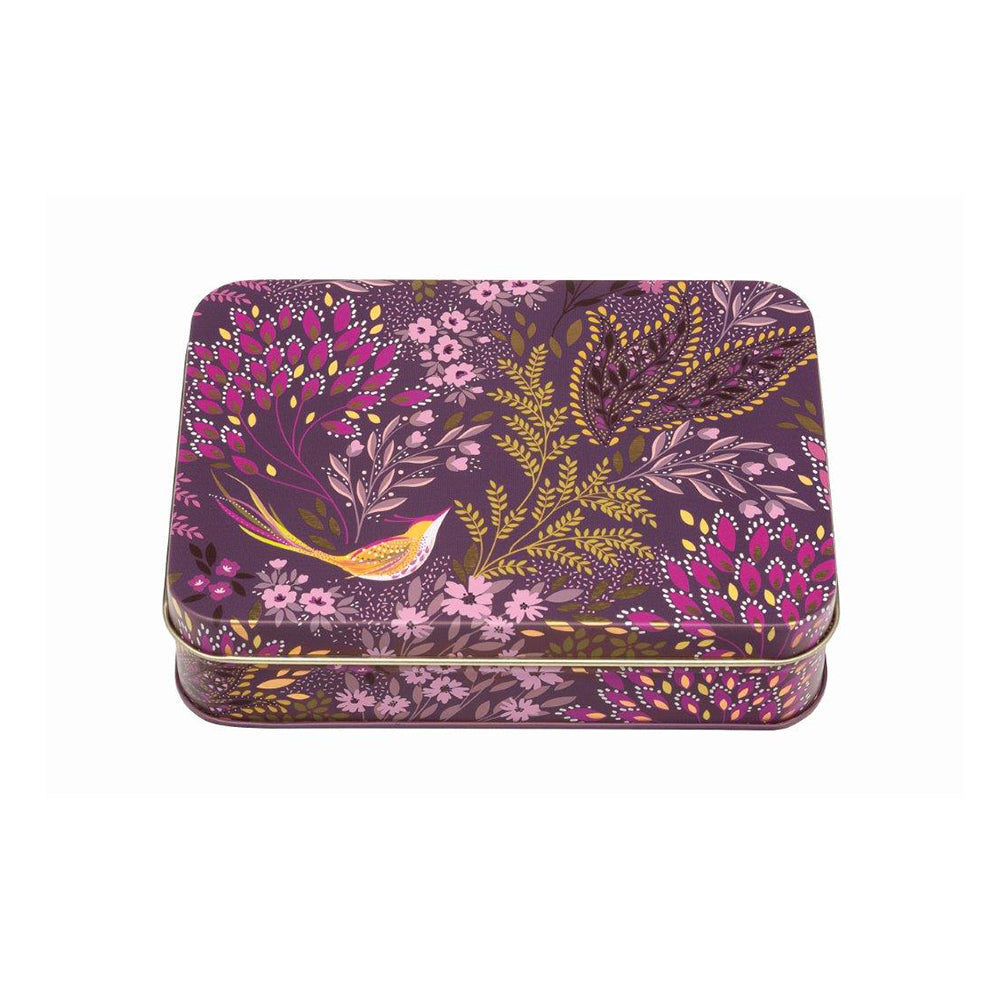 Sara Miller New Havali Small Rectangular Tin Purple Leaves and Birds 141 x 101 x 32mm
